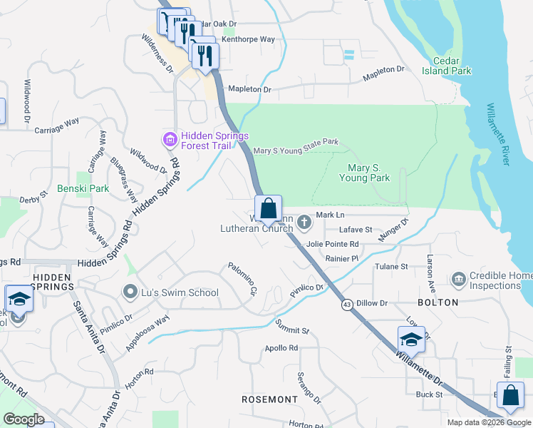 map of restaurants, bars, coffee shops, grocery stores, and more near 3833 Mohawk Way in West Linn
