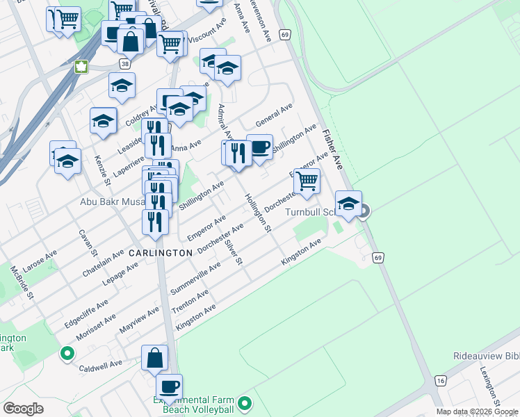 map of restaurants, bars, coffee shops, grocery stores, and more near in Ottawa