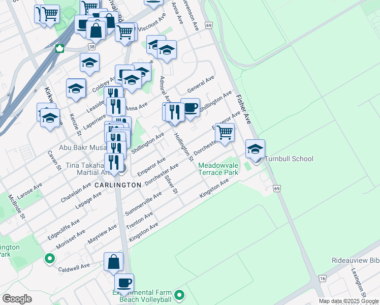 map of restaurants, bars, coffee shops, grocery stores, and more near 1219 Dorchester Avenue in Ottawa
