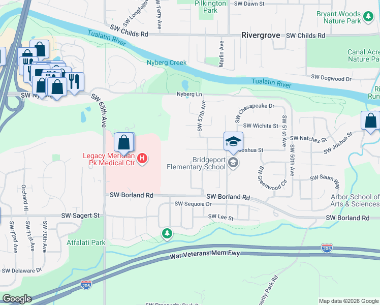 map of restaurants, bars, coffee shops, grocery stores, and more near 5719 Southwest Joshua Street in Tualatin