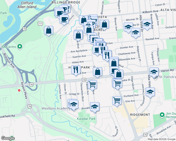 map of restaurants, bars, coffee shops, grocery stores, and more near in Ottawa