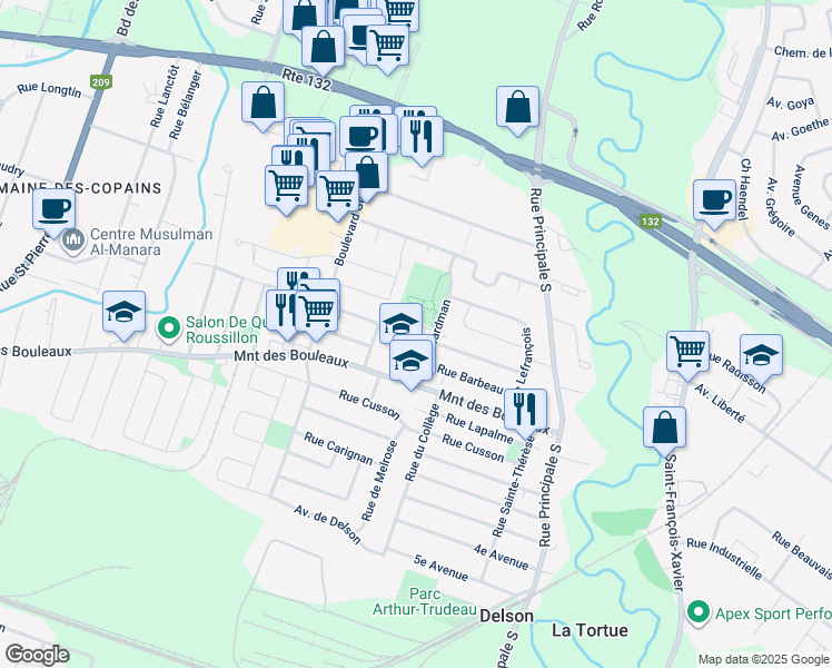 map of restaurants, bars, coffee shops, grocery stores, and more near 35 Rue Boardman in Delson