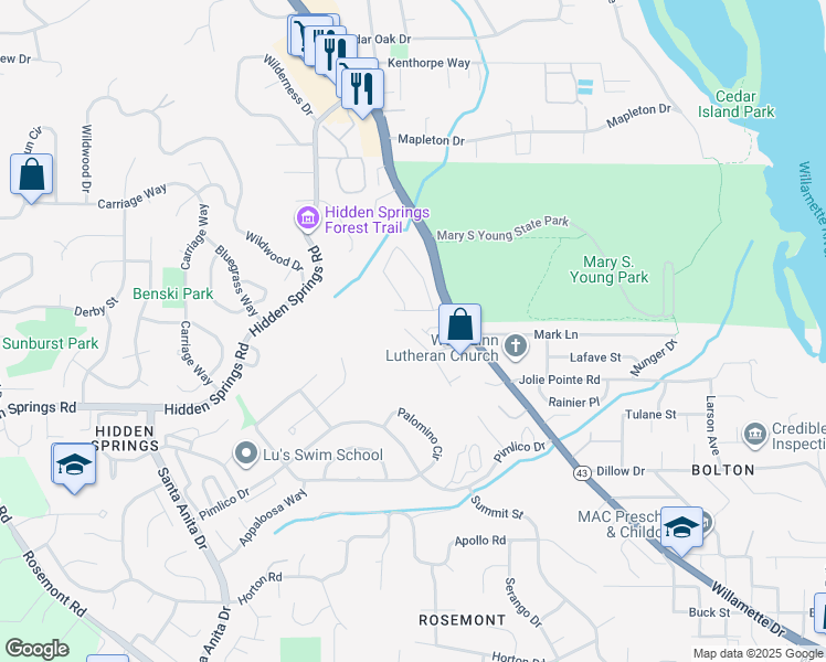 map of restaurants, bars, coffee shops, grocery stores, and more near 3702 Mohawk Way in West Linn
