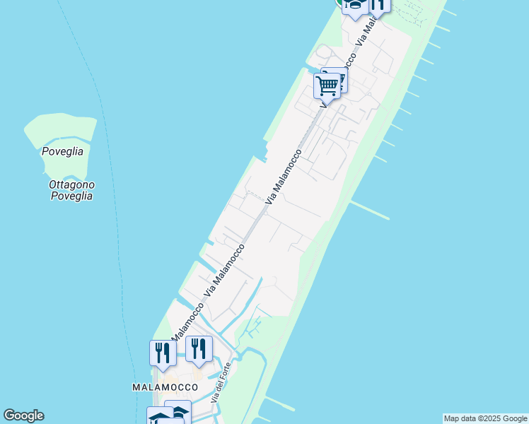 map of restaurants, bars, coffee shops, grocery stores, and more near 82/a Via Malamocco in Venice