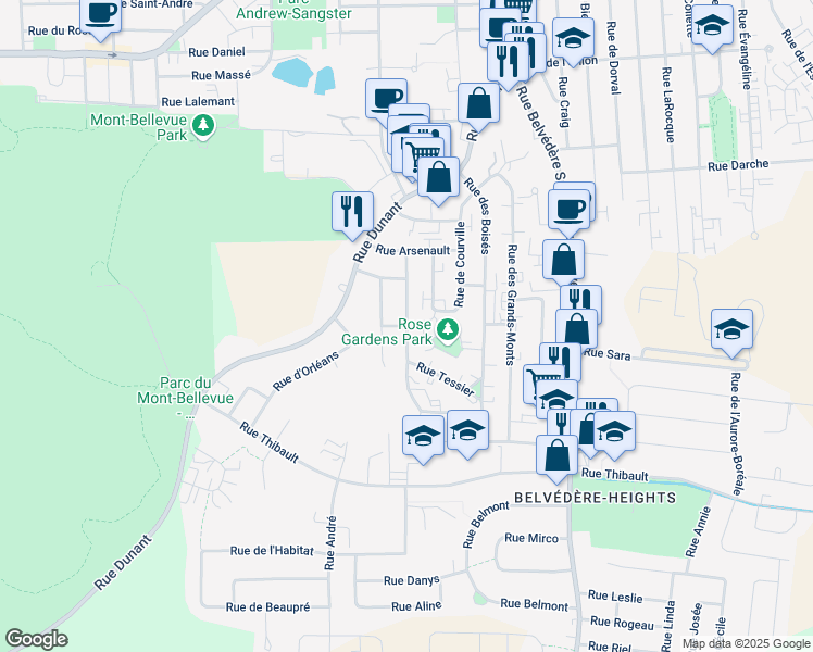 map of restaurants, bars, coffee shops, grocery stores, and more near Rue Dubreuil in Sherbrooke