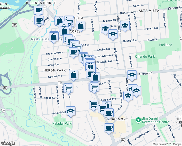 map of restaurants, bars, coffee shops, grocery stores, and more near 1581 Bank Street in Ottawa