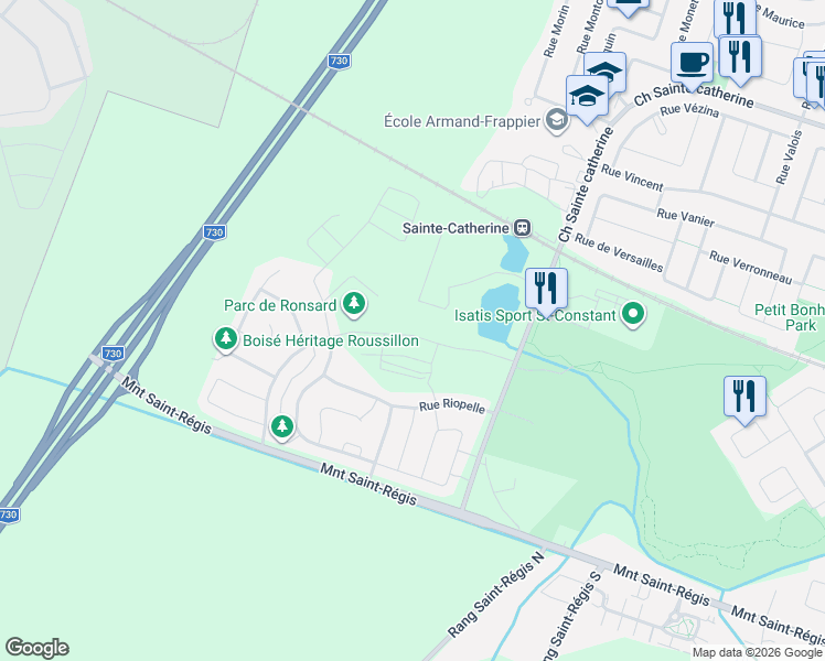 map of restaurants, bars, coffee shops, grocery stores, and more near 40 Rue de Ronsard in Saint-Constant