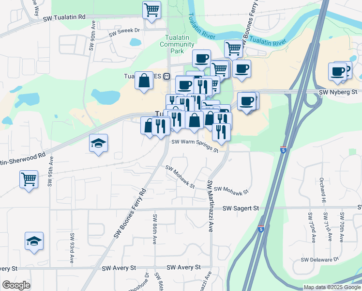 map of restaurants, bars, coffee shops, grocery stores, and more near 8490 Southwest Warm Springs Street in Tualatin