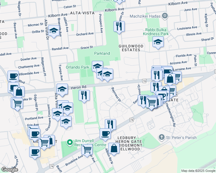 map of restaurants, bars, coffee shops, grocery stores, and more near 1450-1470 Heron Road in Ottawa