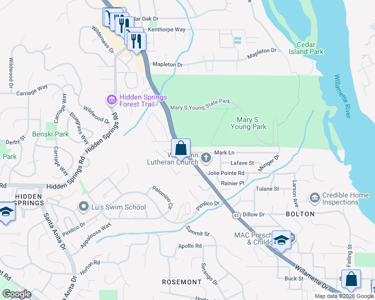 map of restaurants, bars, coffee shops, grocery stores, and more near 2979 Mark Lane in West Linn