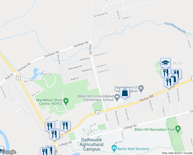 map of restaurants, bars, coffee shops, grocery stores, and more near 151 Vimy Road in Bible Hill
