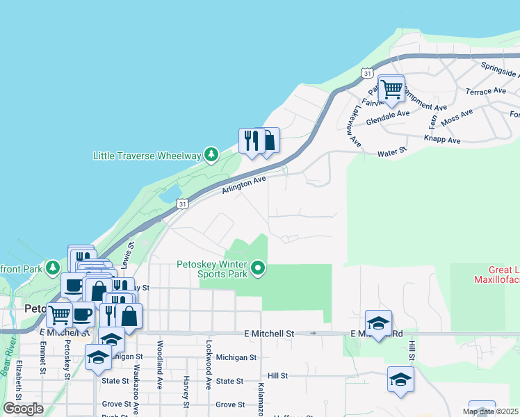map of restaurants, bars, coffee shops, grocery stores, and more near 149 Beaubien Avenue in Petoskey