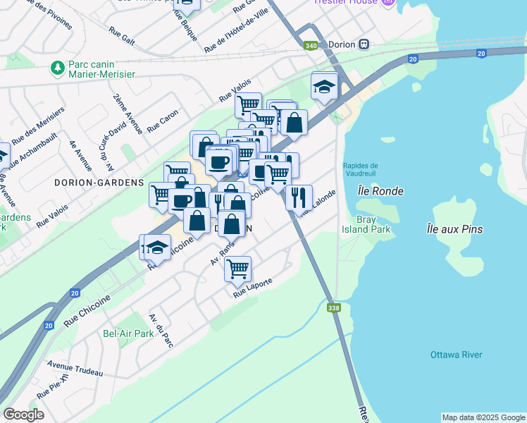 map of restaurants, bars, coffee shops, grocery stores, and more near 63 Avenue Aquin in Vaudreuil-Dorion