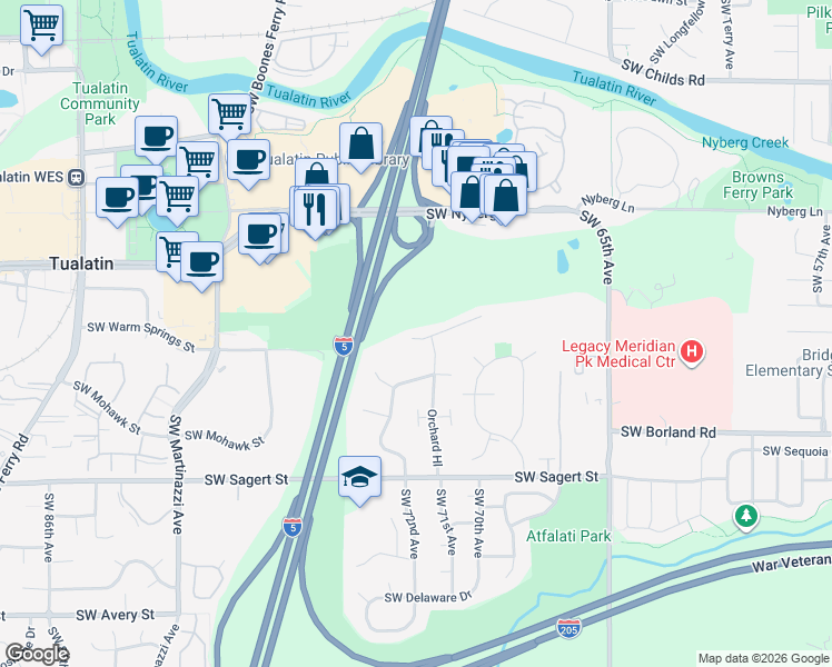 map of restaurants, bars, coffee shops, grocery stores, and more near 7165 Southwest Sagert Street in Tualatin