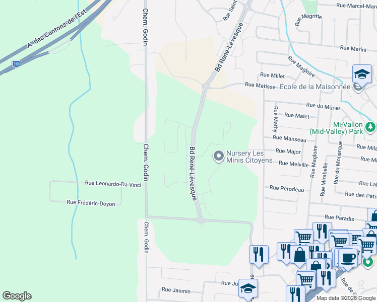 map of restaurants, bars, coffee shops, grocery stores, and more near 5961 Boulevard René-Lévesque in Sherbrooke