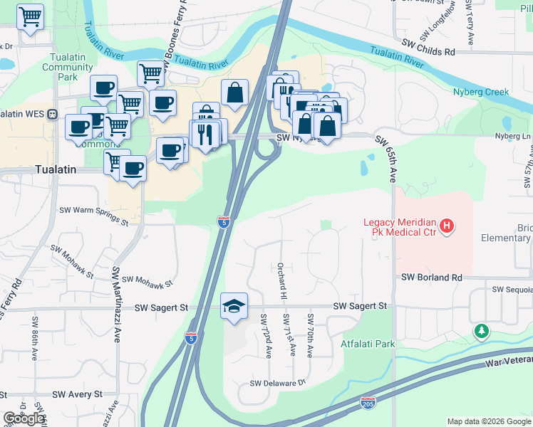 map of restaurants, bars, coffee shops, grocery stores, and more near 7165 Southwest Sagert Street in Tualatin