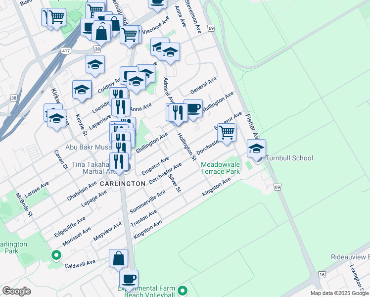map of restaurants, bars, coffee shops, grocery stores, and more near in Ottawa