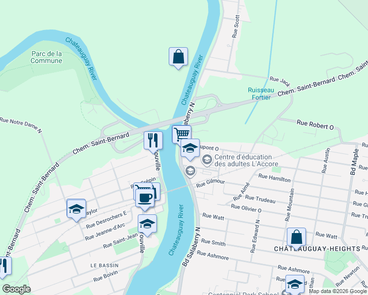 map of restaurants, bars, coffee shops, grocery stores, and more near 208 Boulevard Salaberry Nord in Châteauguay