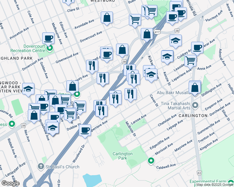 map of restaurants, bars, coffee shops, grocery stores, and more near 864 Lady Ellen Place in Ottawa