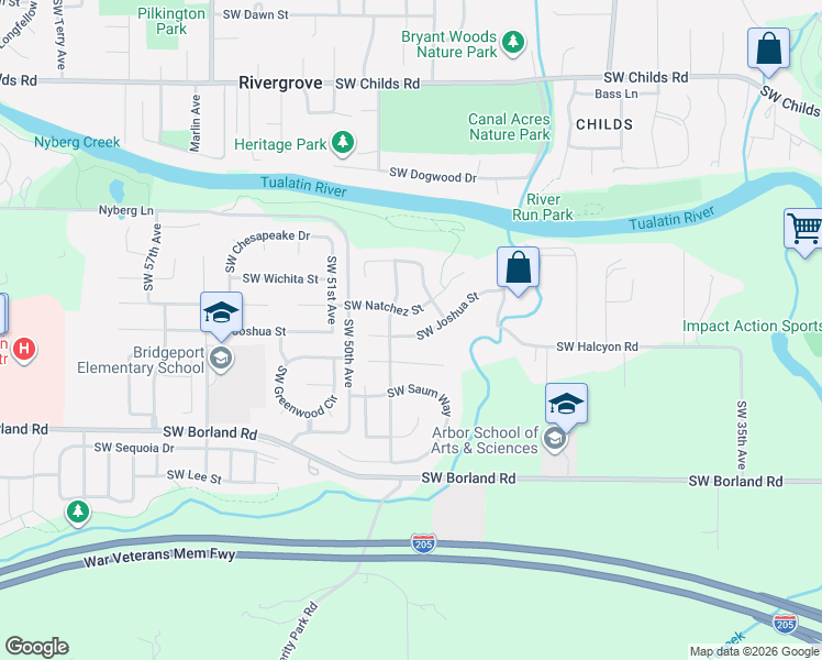 map of restaurants, bars, coffee shops, grocery stores, and more near 4755 Southwest Joshua Street in Tualatin