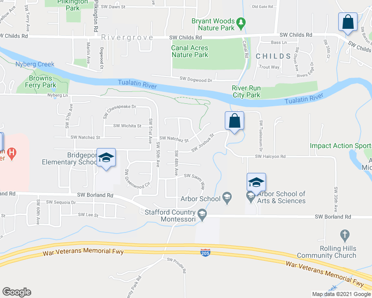 map of restaurants, bars, coffee shops, grocery stores, and more near 4755 Southwest Joshua Street in Tualatin