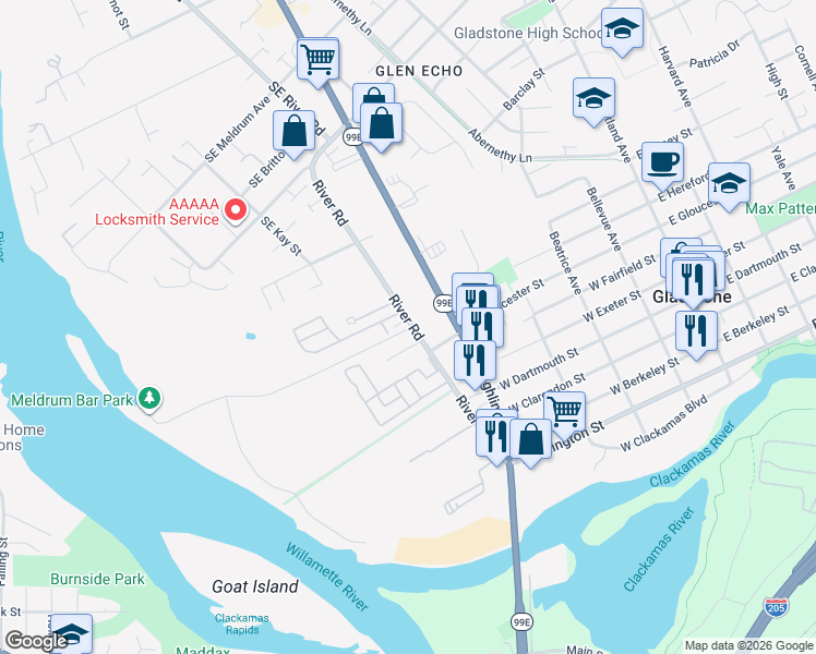 map of restaurants, bars, coffee shops, grocery stores, and more near 19560 River Road in Gladstone