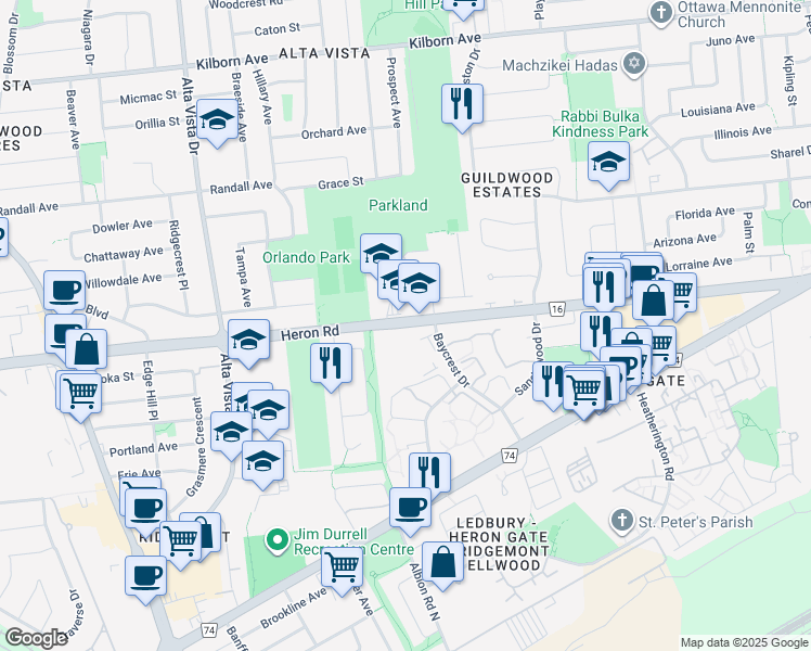 map of restaurants, bars, coffee shops, grocery stores, and more near 1450-1470 Heron Road in Ottawa