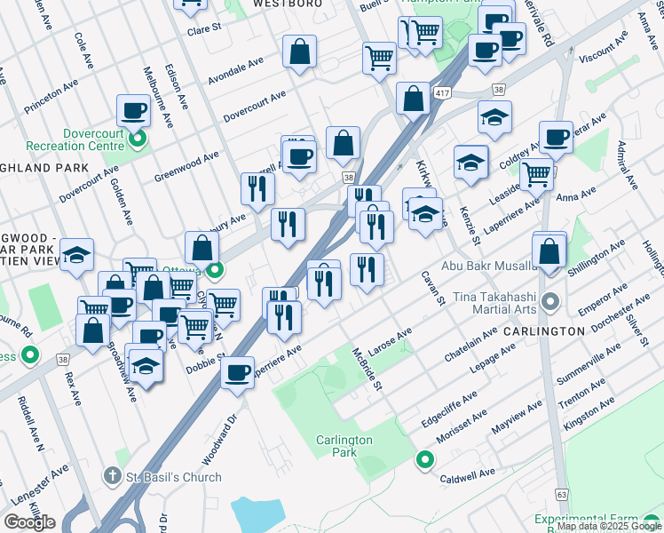 map of restaurants, bars, coffee shops, grocery stores, and more near 864 Lady Ellen Place in Ottawa