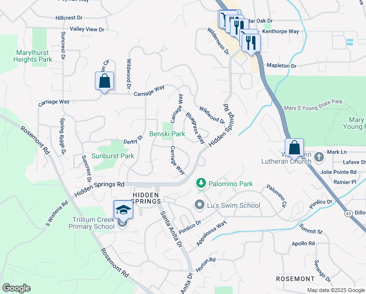 map of restaurants, bars, coffee shops, grocery stores, and more near 2936 Hunter Way in West Linn