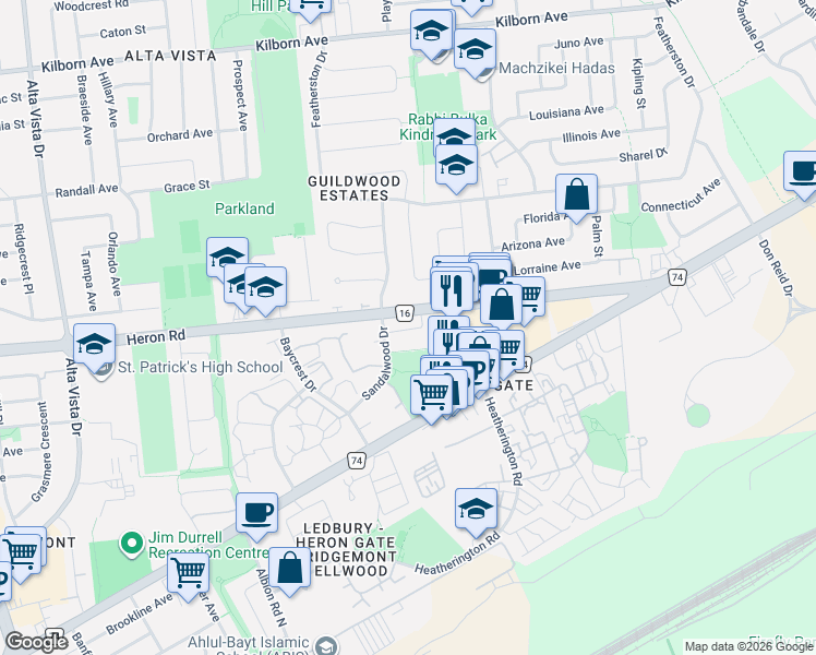 map of restaurants, bars, coffee shops, grocery stores, and more near 2816 Sandalwood Drive in Ottawa