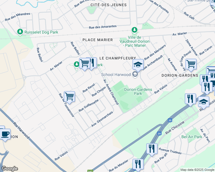 map of restaurants, bars, coffee shops, grocery stores, and more near 270 Avenue André-Chartrand in Vaudreuil-Dorion
