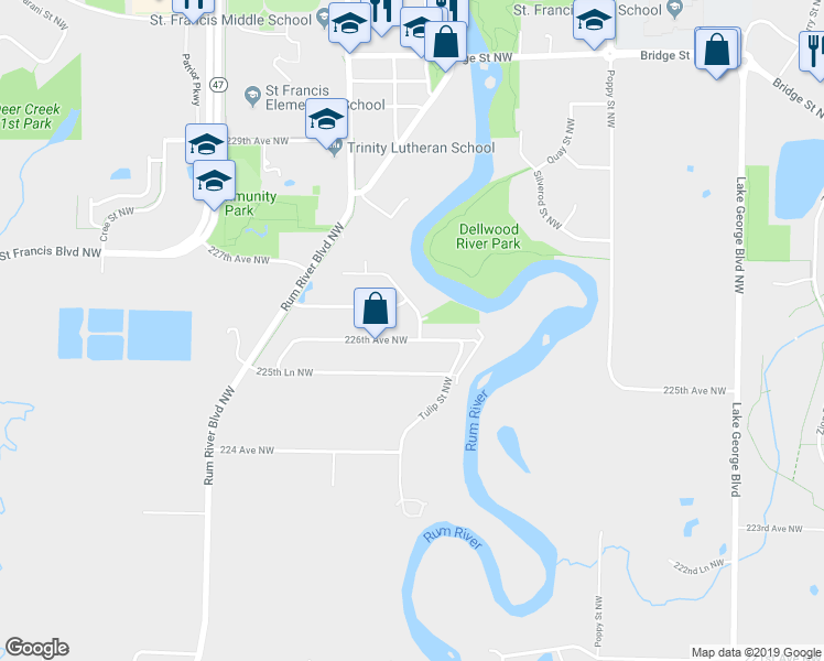 map of restaurants, bars, coffee shops, grocery stores, and more near 3701 226th Avenue Northwest in Saint Francis