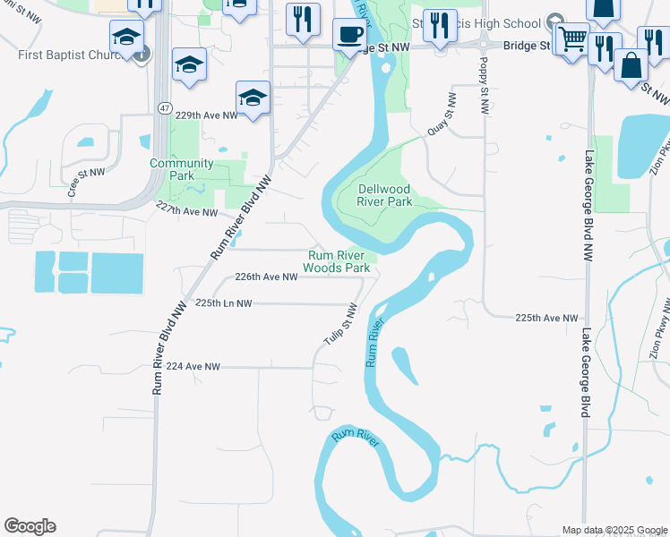 map of restaurants, bars, coffee shops, grocery stores, and more near 3701 226th Avenue Northwest in Saint Francis
