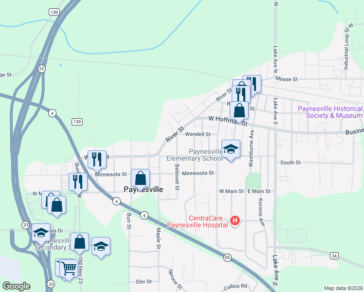map of restaurants, bars, coffee shops, grocery stores, and more near 369 Belmont Street in Paynesville