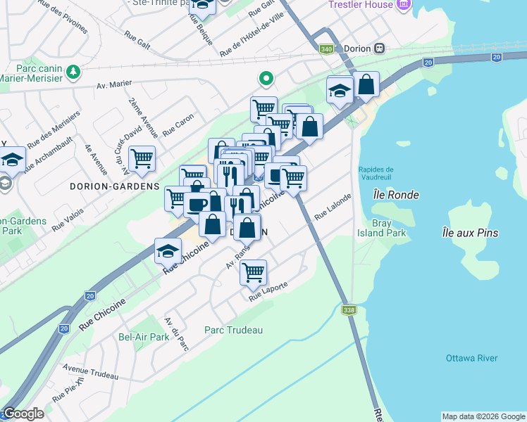 map of restaurants, bars, coffee shops, grocery stores, and more near 312 Rue Chicoine in Vaudreuil-Dorion