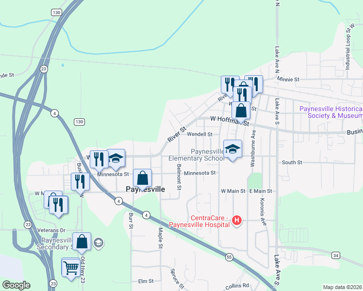 map of restaurants, bars, coffee shops, grocery stores, and more near 369 Belmont Street in Paynesville
