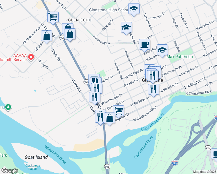 map of restaurants, bars, coffee shops, grocery stores, and more near 700 Barton Avenue in Gladstone