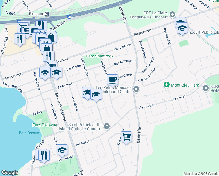 map of restaurants, bars, coffee shops, grocery stores, and more near 165 Rue Northcote in Pincourt