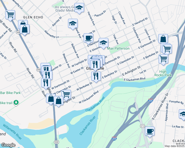 map of restaurants, bars, coffee shops, grocery stores, and more near 140 West Clarendon Street in Gladstone