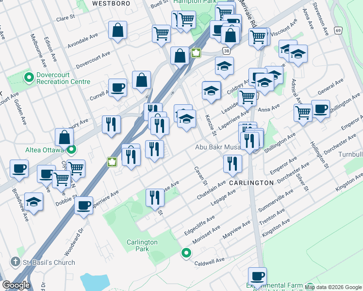 map of restaurants, bars, coffee shops, grocery stores, and more near 1427 Laperriere Avenue in Ottawa