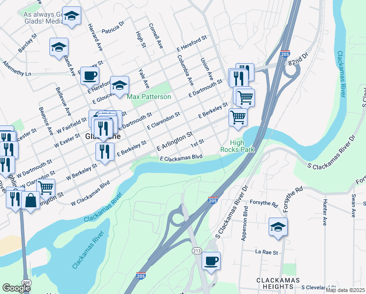 map of restaurants, bars, coffee shops, grocery stores, and more near 430 1st Street in Gladstone