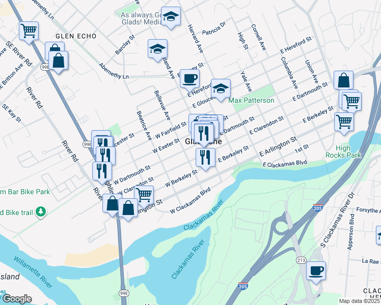 map of restaurants, bars, coffee shops, grocery stores, and more near 140 West Clarendon Street in Gladstone