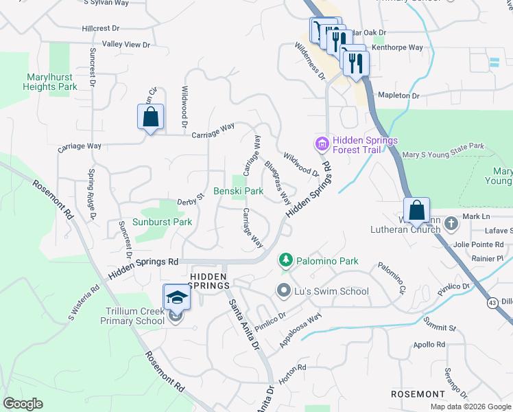 map of restaurants, bars, coffee shops, grocery stores, and more near 2936 Hunter Way in West Linn