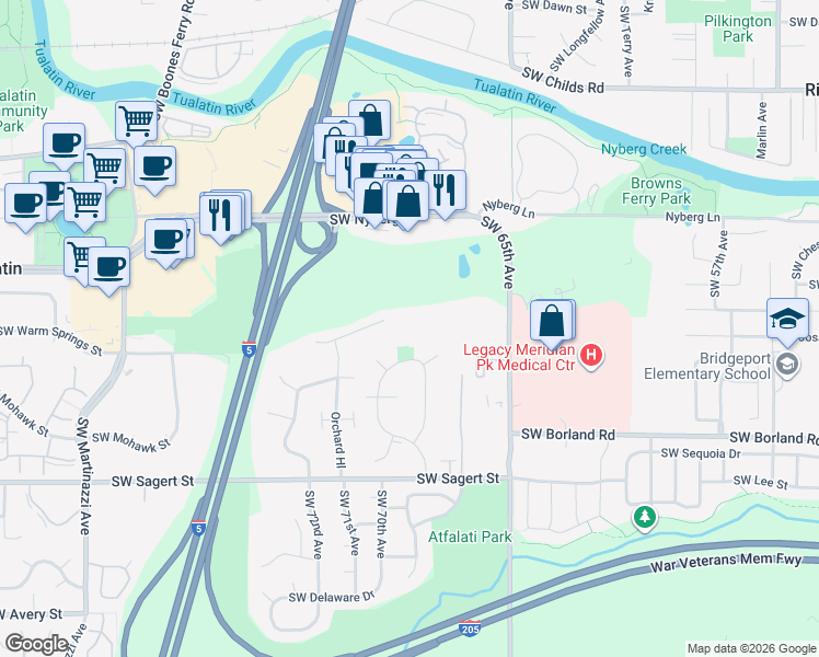 map of restaurants, bars, coffee shops, grocery stores, and more near 19355 Southwest 65th Avenue in Tualatin