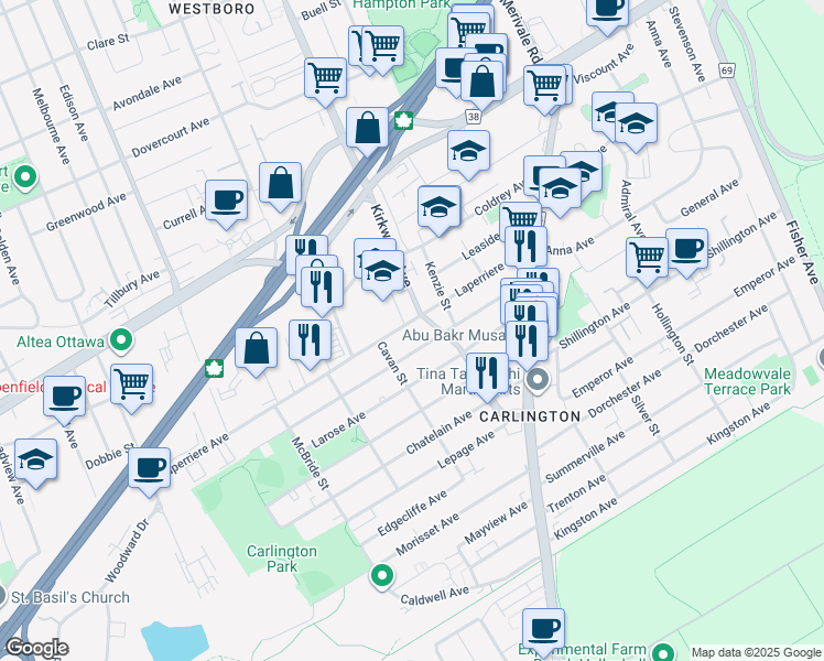 map of restaurants, bars, coffee shops, grocery stores, and more near 1400 Laperriere Avenue in Ottawa