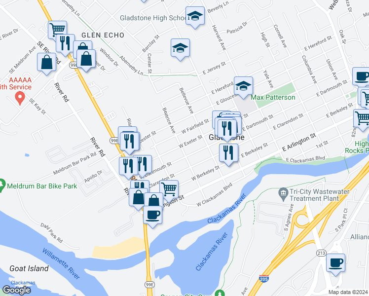 map of restaurants, bars, coffee shops, grocery stores, and more near 295 West Exeter Street in Gladstone