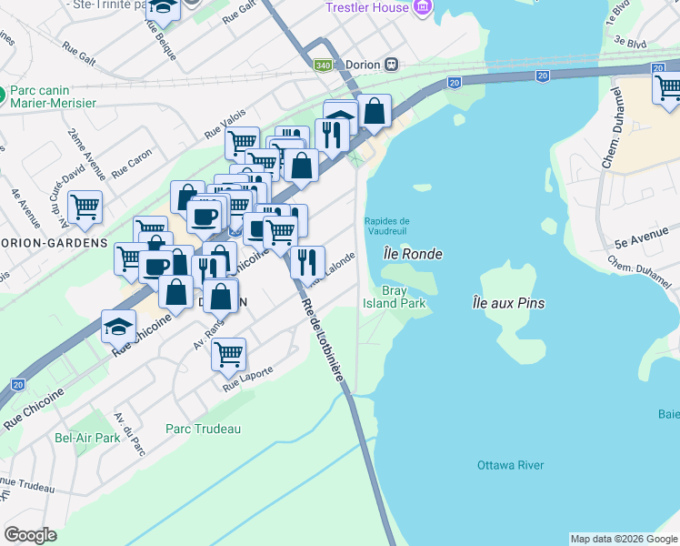 map of restaurants, bars, coffee shops, grocery stores, and more near 218 Rue Lalonde in Vaudreuil-Dorion