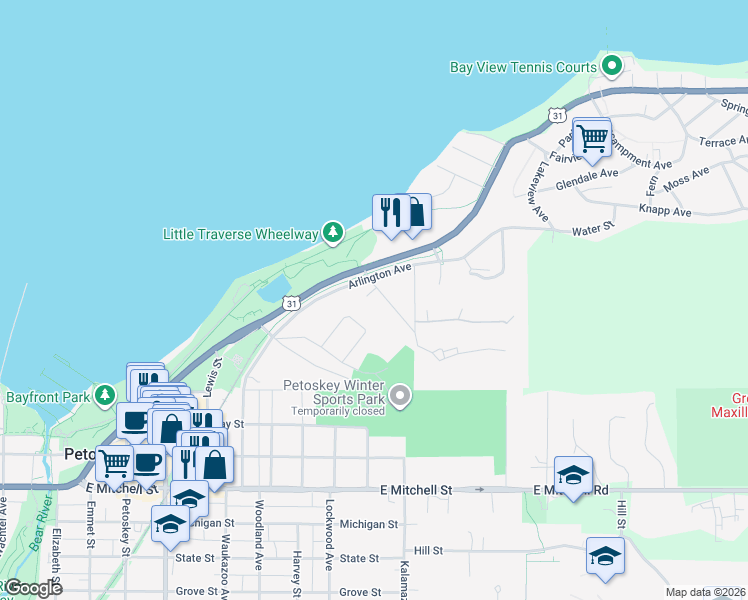 map of restaurants, bars, coffee shops, grocery stores, and more near 130 Beaubien Avenue in Petoskey