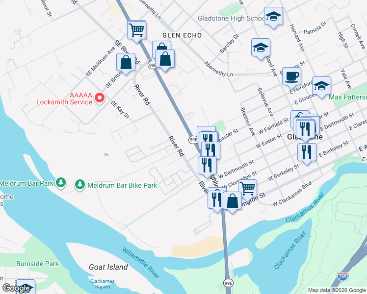 map of restaurants, bars, coffee shops, grocery stores, and more near 19560 River Road in Gladstone