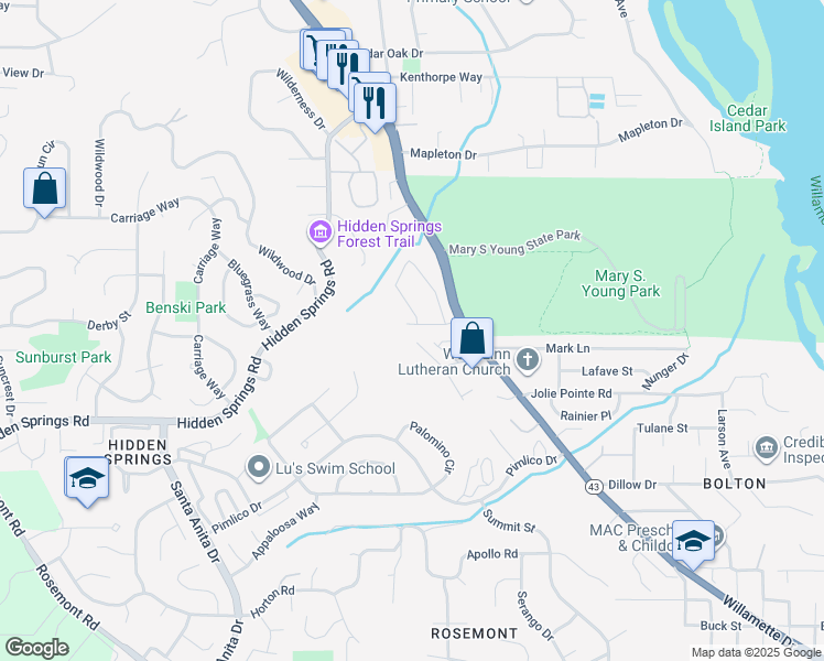 map of restaurants, bars, coffee shops, grocery stores, and more near 3702 Mohawk Way in West Linn